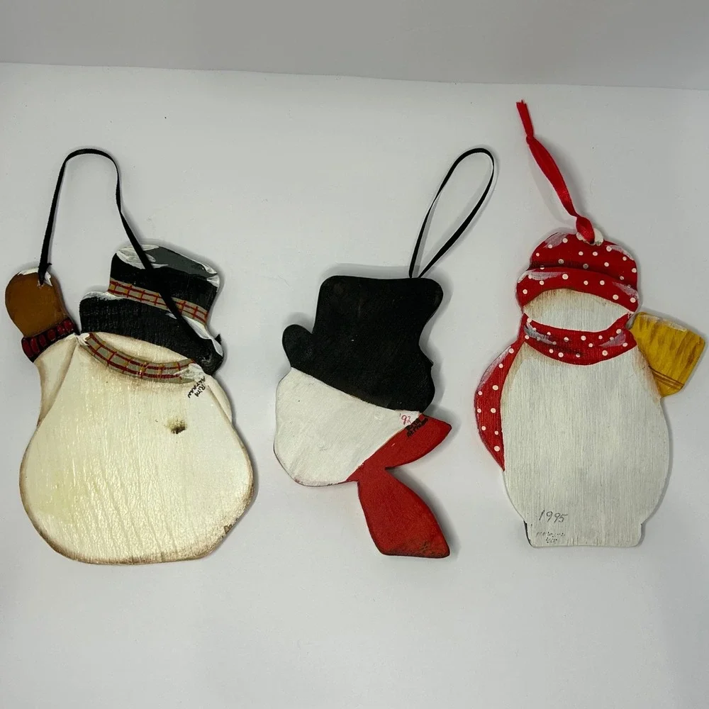 Hand Painted Wooden Christmas Ornaments Snowman‎ Reindeer Set of 4 Winter Cute